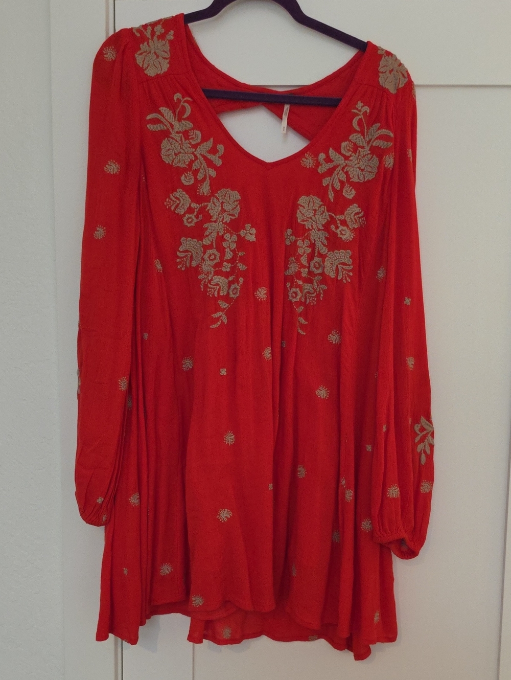 Free People Red Embroidered Mini Dress with Light Brown Floral Accents